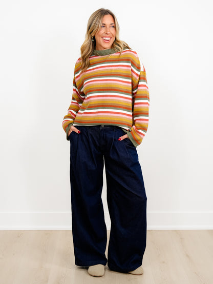 Multi Color Stripe Long Sleeve Mock Neck Sweater