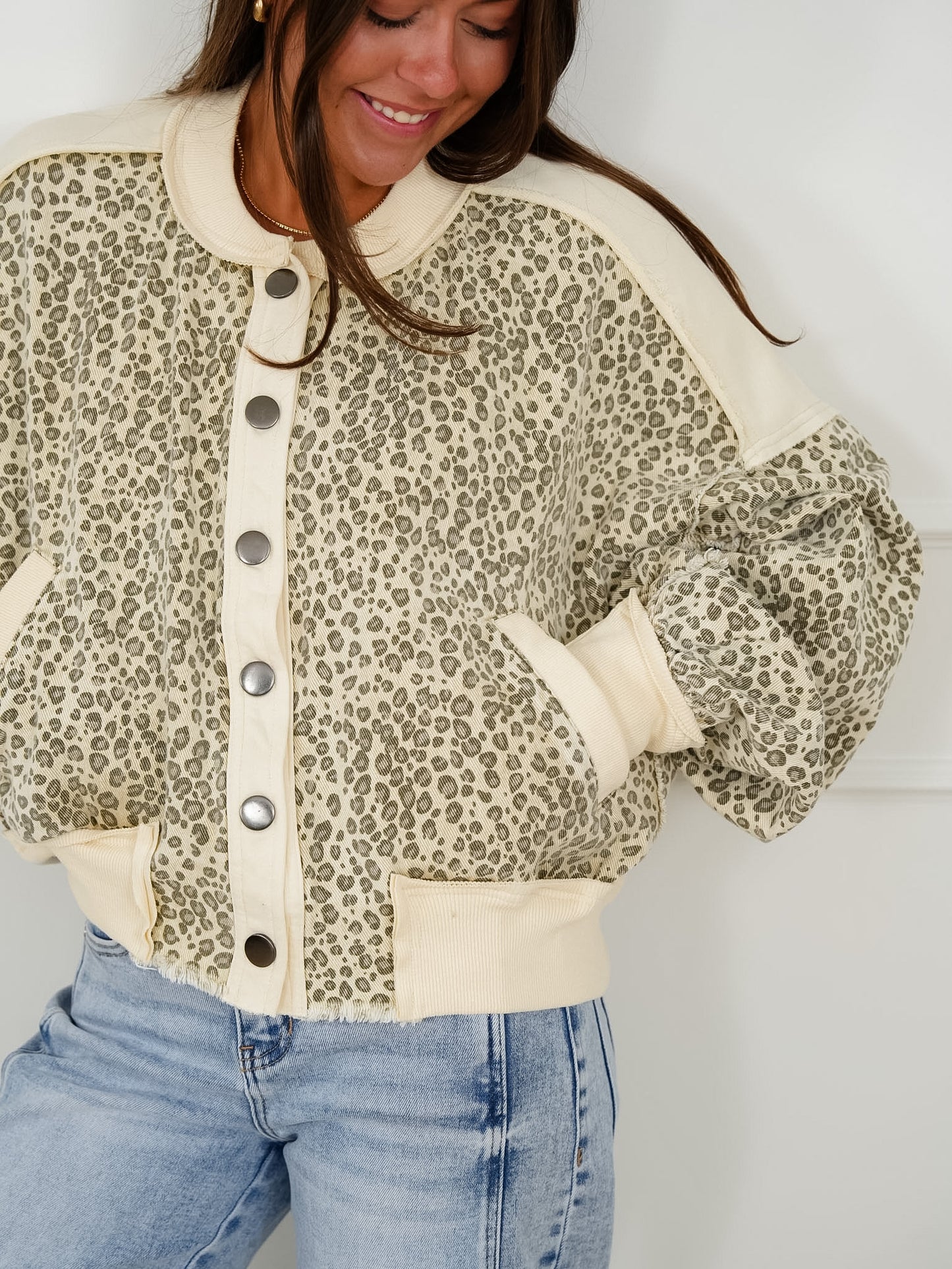 Leopard Print Long Sleeve Button Down Jackets - Freckled Poppy