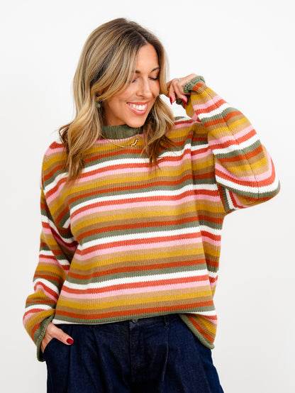 Multi Color Stripe Long Sleeve Mock Neck Sweater