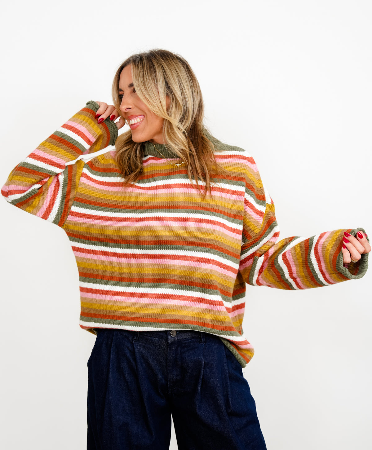 Multi Color Stripe Long Sleeve Mock Neck Sweater