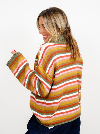 Multi Color Stripe Long Sleeve Mock Neck Sweater