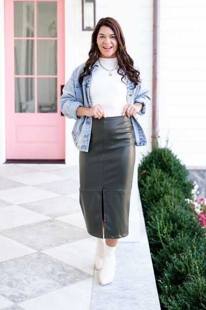 Vegan Leather Pencil Midi Skirt with Front Slit