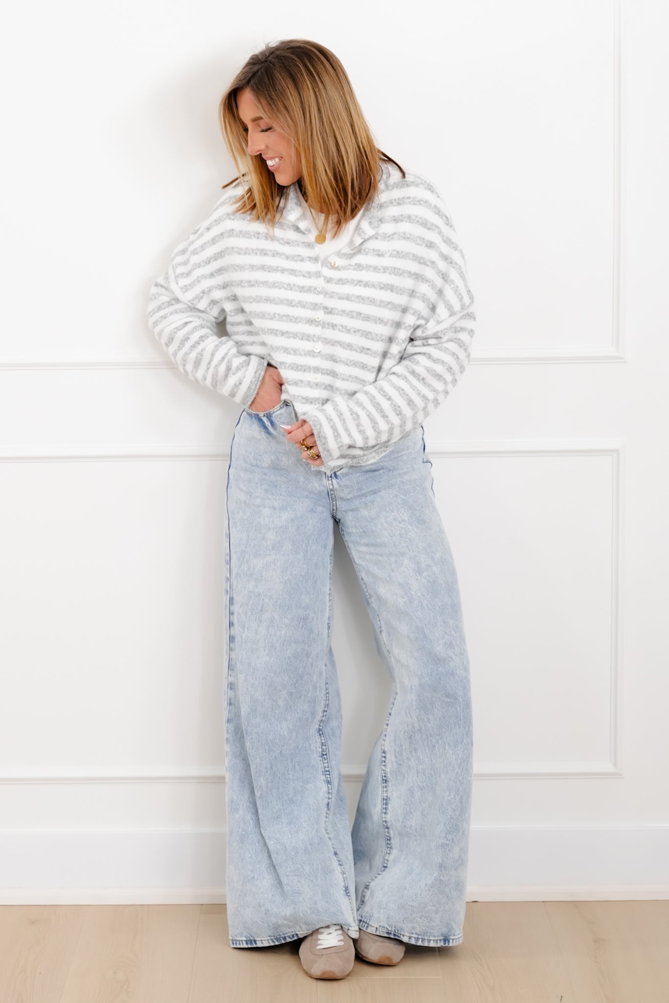 Ivory Grey Stripe Long Sleeve Button Down Cardigan