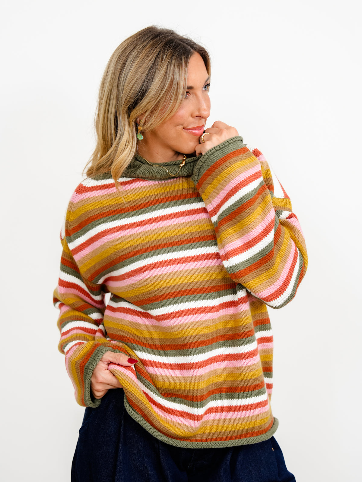 Multi Color Stripe Long Sleeve Mock Neck Sweater