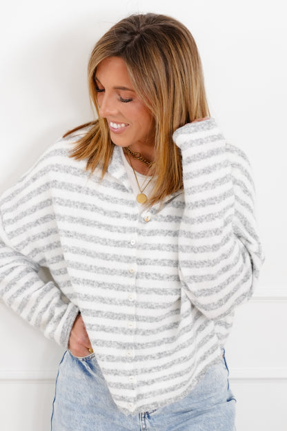 Ivory Grey Stripe Long Sleeve Button Down Cardigan