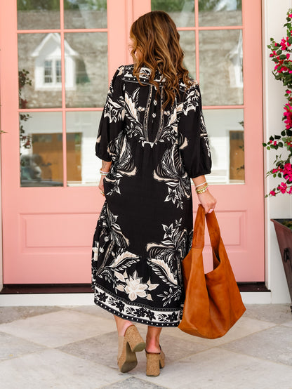 Plus/Reg Botanical Print 3/4 Sleeve Midi Dress With Side Pockets