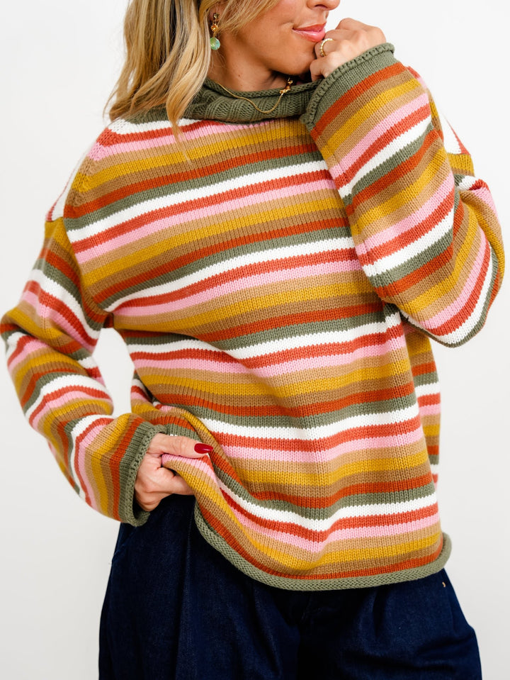 Multi Color Stripe Long Sleeve Mock Neck Sweater - Freckled Poppy