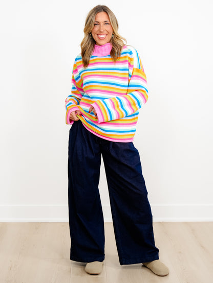 Multi Color Stripe Long Sleeve Mock Neck Sweater