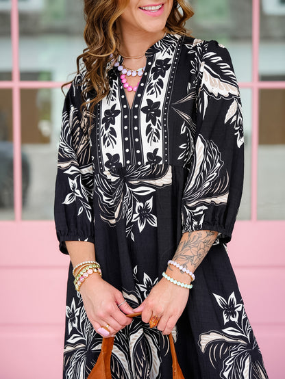 Plus/Reg Botanical Print 3/4 Sleeve Midi Dress With Side Pockets
