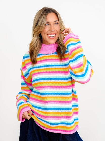 Multi Color Stripe Long Sleeve Mock Neck Sweater