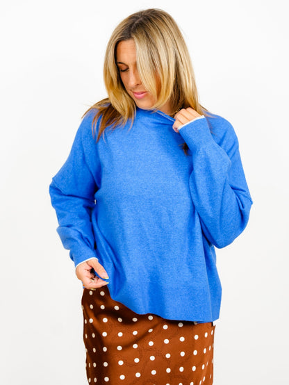 Blue Long Sleeve Mock Neck Pullover Sweater - Freckled Poppy