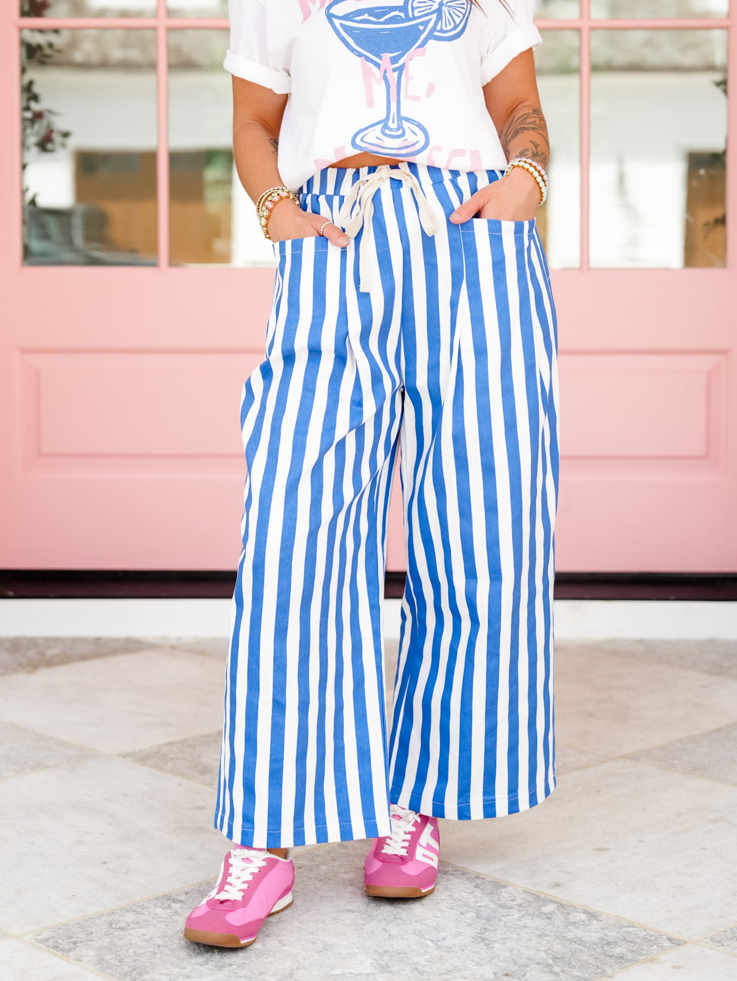 Blue Vertical Stripe Elastic Waist Pants with Pockets