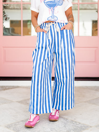 Blue Vertical Stripe Elastic Waist Pants with Pockets