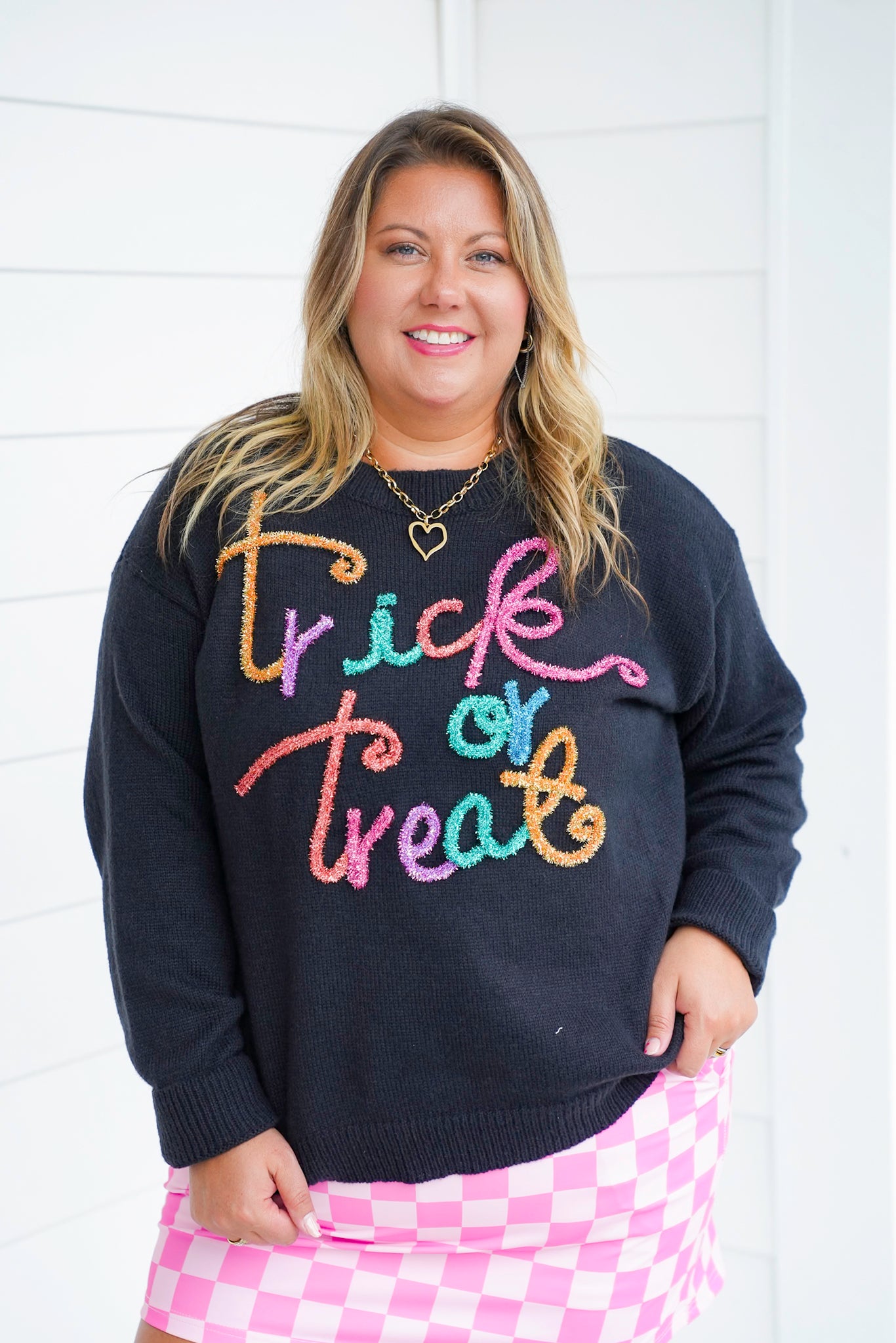 Long Sleeve "Trick Or Treat" Tinsel Pullover Sweater
