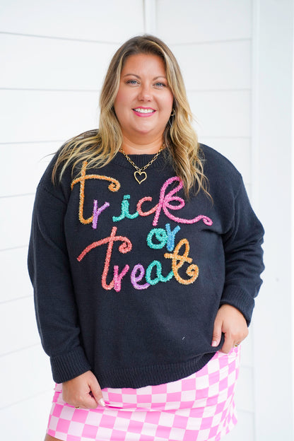 Long Sleeve "Trick Or Treat" Tinsel Pullover Sweater