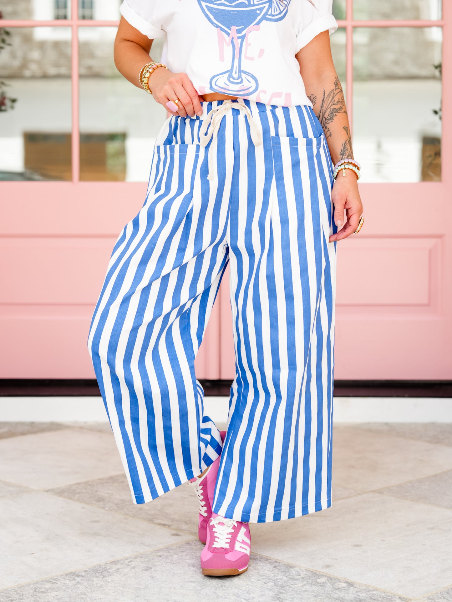 Blue Vertical Stripe Elastic Waist Pants with Pockets
