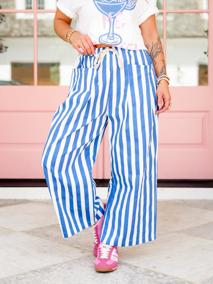 Blue Vertical Stripe Elastic Waist Pants with Pockets