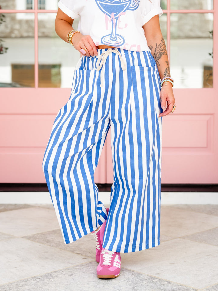 Blue Vertical Stripe Elastic Waist Pants with Pockets - Freckled Poppy