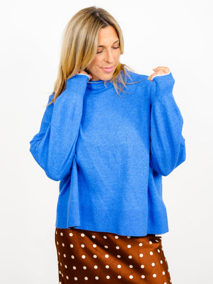 Blue Long Sleeve Mock Neck Pullover Sweater - Freckled Poppy