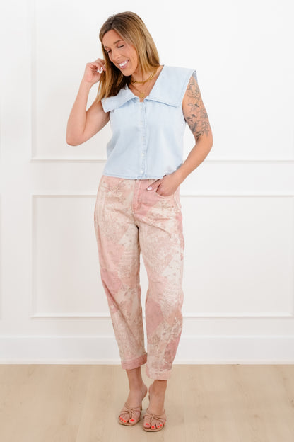 Light Wash Sleeveless Button Down Top with Sailor Collar