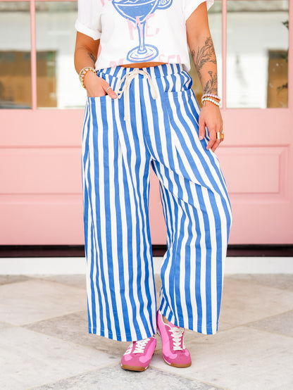 Blue Vertical Stripe Elastic Waist Pants with Pockets