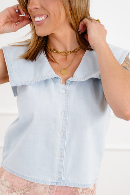 Light Wash Sleeveless Button Down Top with Sailor Collar