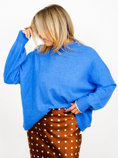 Blue Long Sleeve Mock Neck Pullover Sweater - Freckled Poppy