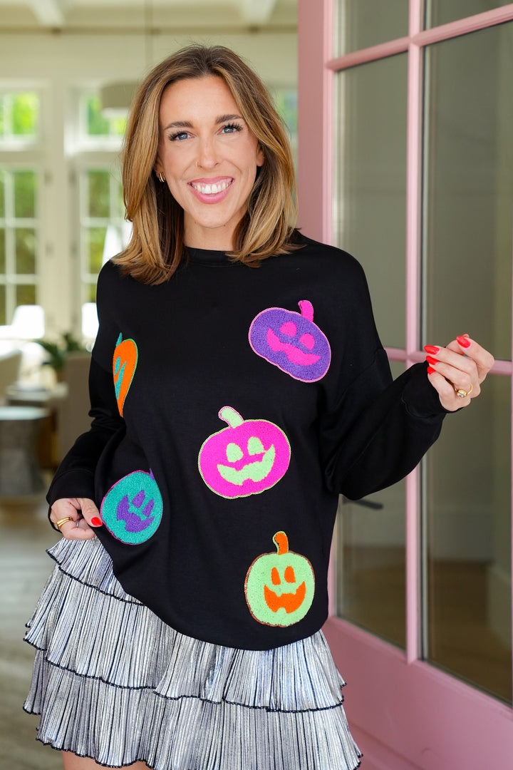 Plus/Reg Long Sleeve Pumpkin Print Sweatshirt with Sequins