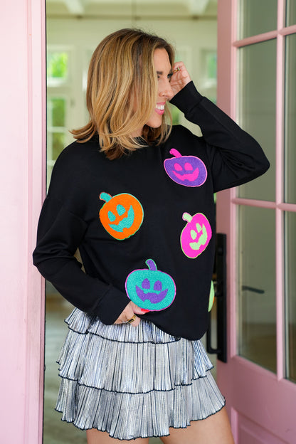 Plus/Reg Long Sleeve Pumpkin Print Sweatshirt with Sequins