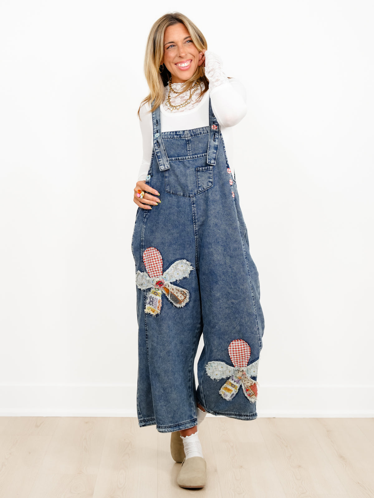 Dark Wash Overalls with Floral Patch Detail - Freckled Poppy