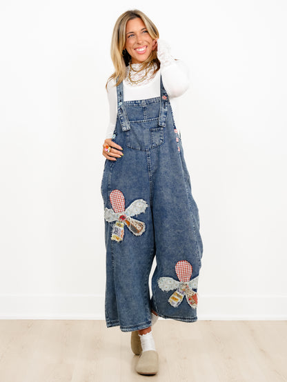 Dark Wash Overalls with Floral Patch Detail - Freckled Poppy