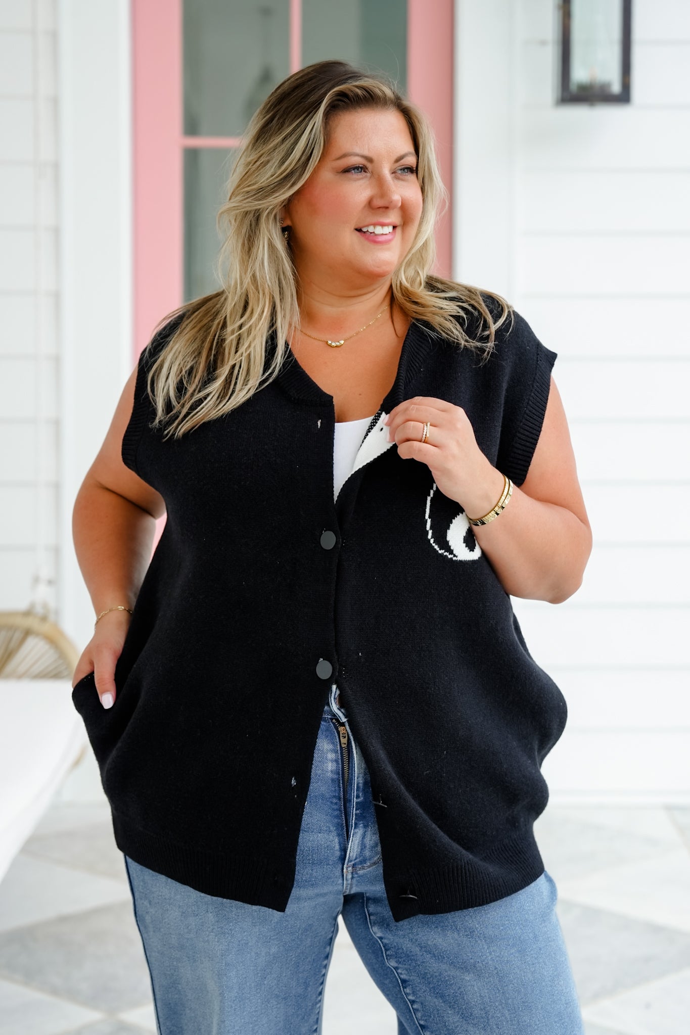 Black Ying Yang Button Down Sweater Vest