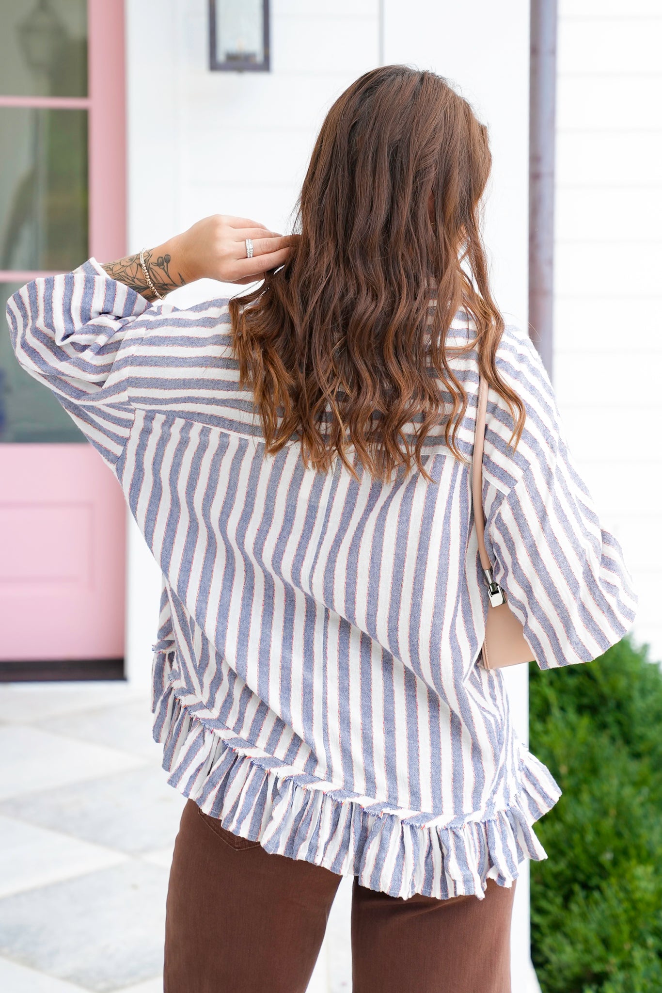 Striped 3/4 Sleeve Button Down Ruffle Top