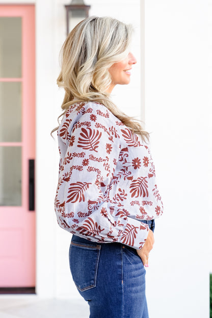 Plus/Reg Floral and Stripe Long Sleeve Button Down Woven Top