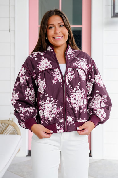 Quilted Floral Long Sleeve Zip Up Bomber Jacket