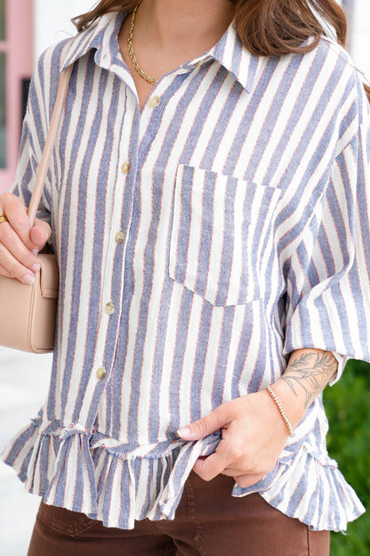Striped 3/4 Sleeve Button Down Ruffle Top