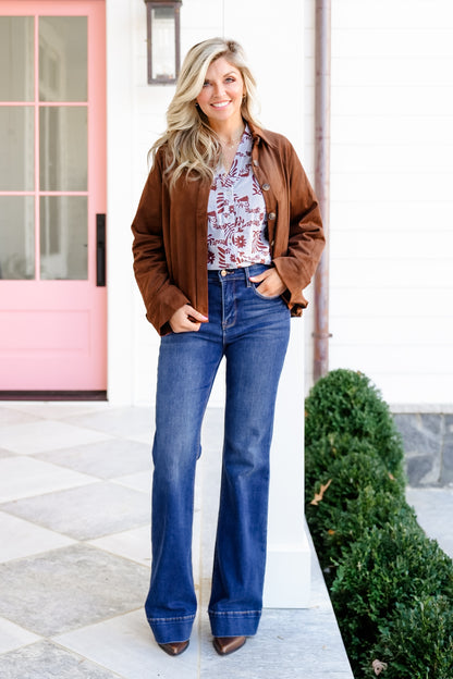 Vegan Suede Long Sleeve Button-up Jacket