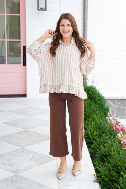 Striped 3/4 Sleeve Button Down Ruffle Top
