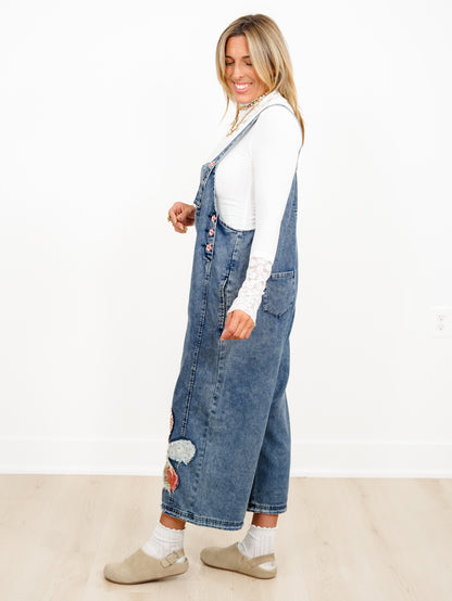 Dark Wash Overalls with Floral Patch Detail - Freckled Poppy