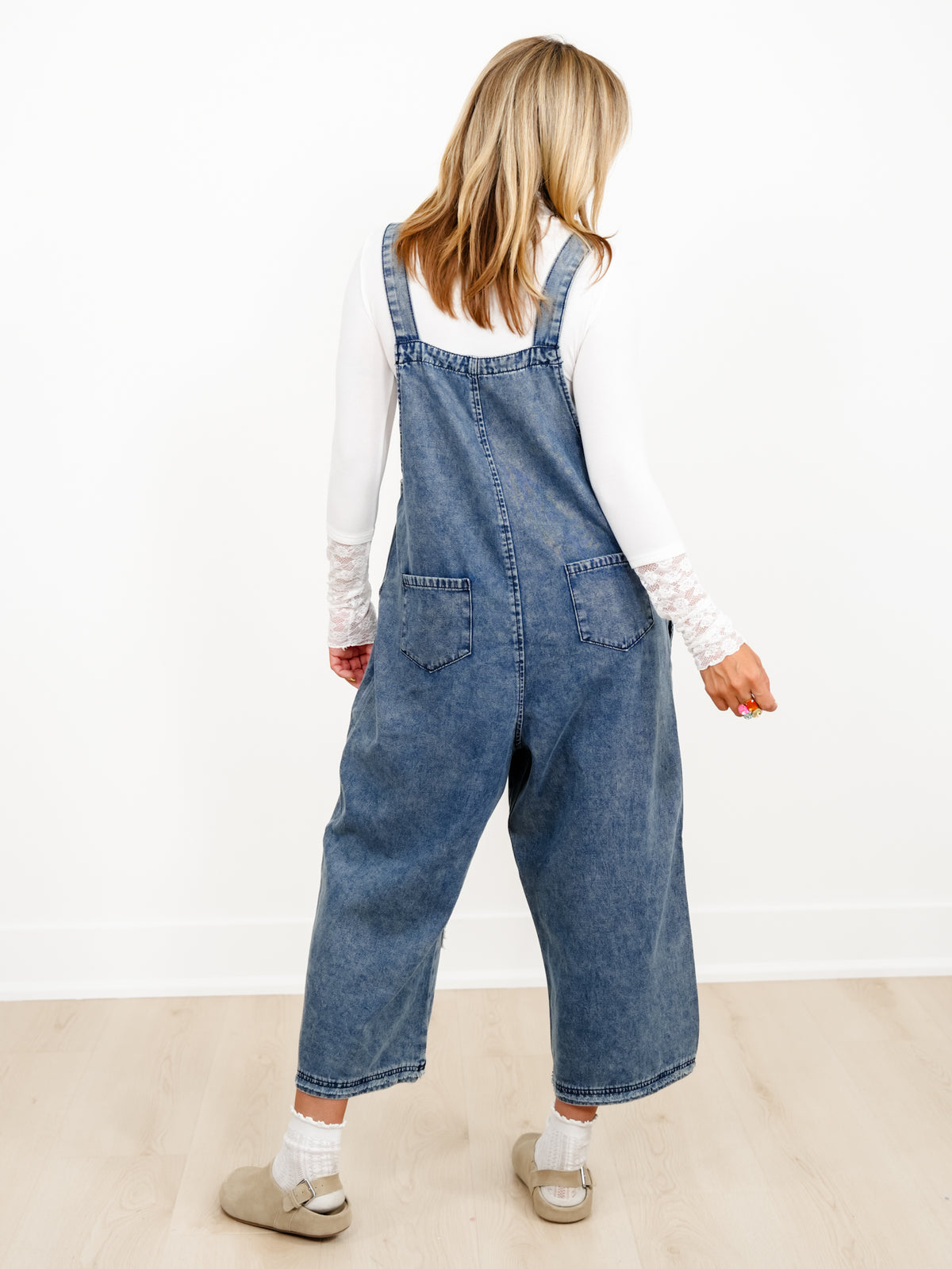 Dark Wash Overalls with Floral Patch Detail - Freckled Poppy