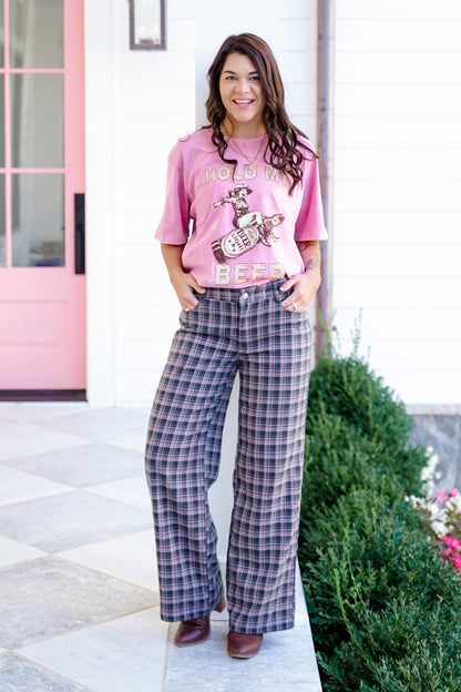 Green and Pink Plaid Wide Leg Pants