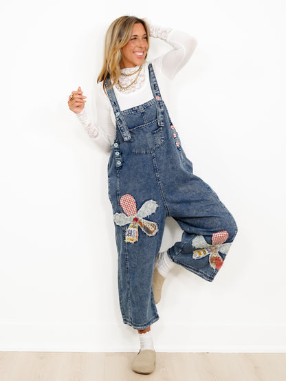 Dark Wash Overalls with Floral Patch Detail - Freckled Poppy