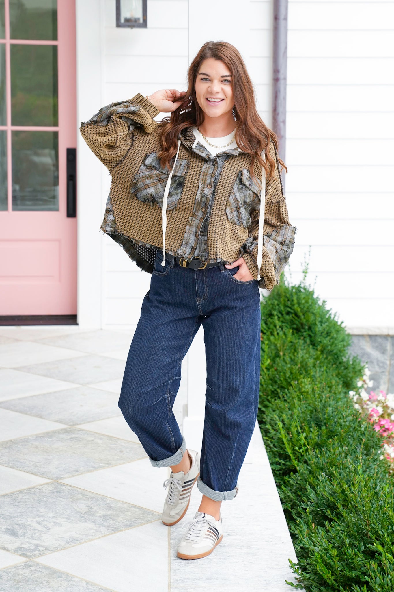 POL Thermal Long Sleeve Button Up Hoodie Top with Plaid