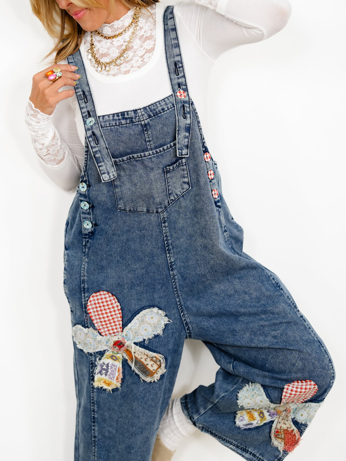 Dark Wash Overalls with Floral Patch Detail - Freckled Poppy