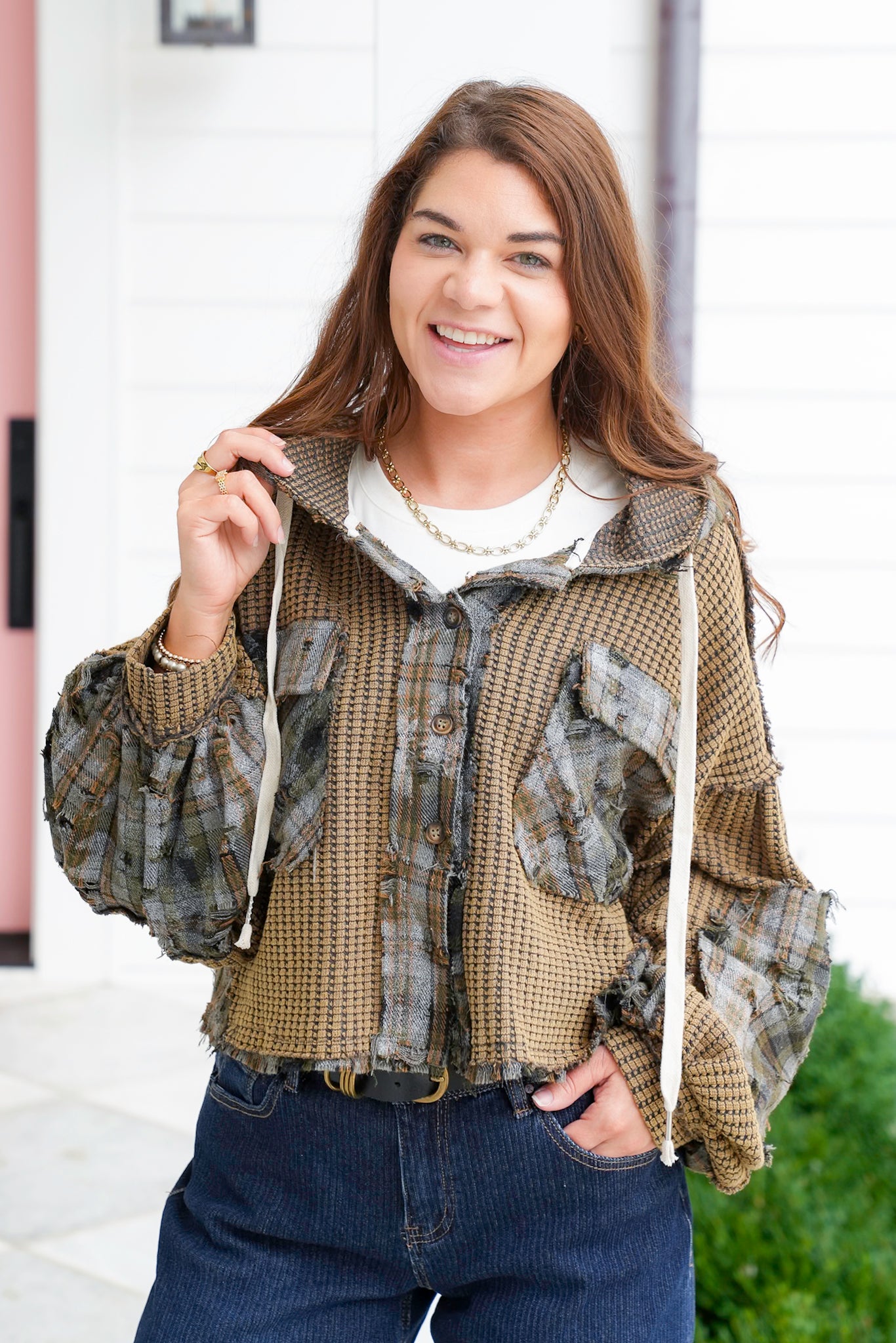 POL Thermal Long Sleeve Button Up Hoodie Top with Plaid