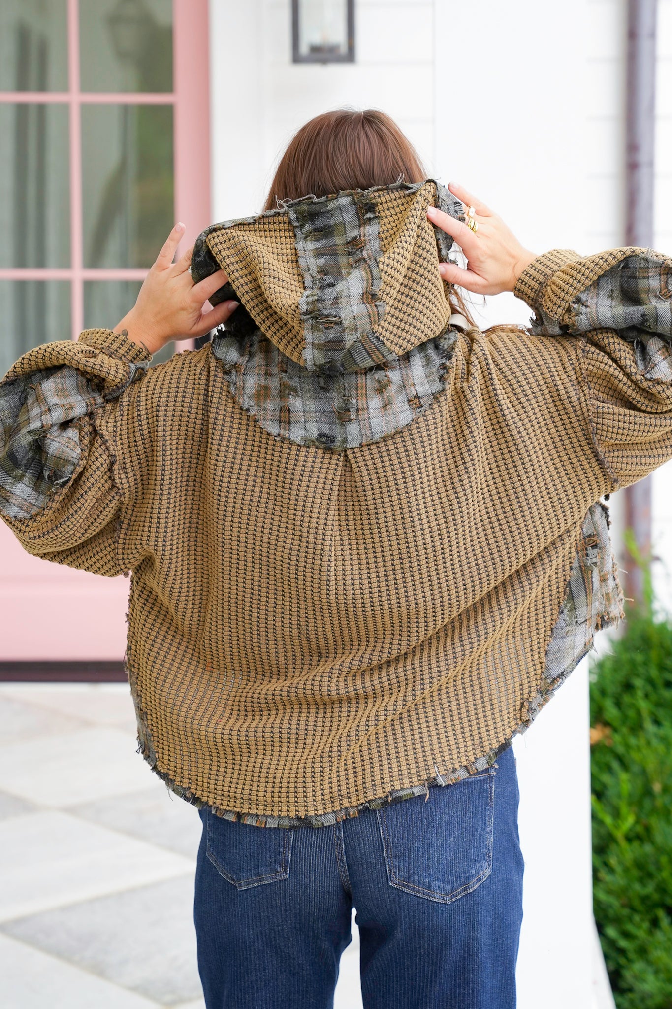 POL Thermal Long Sleeve Button Up Hoodie Top with Plaid