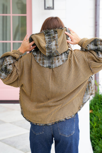 POL Thermal Long Sleeve Button Up Hoodie Top with Plaid