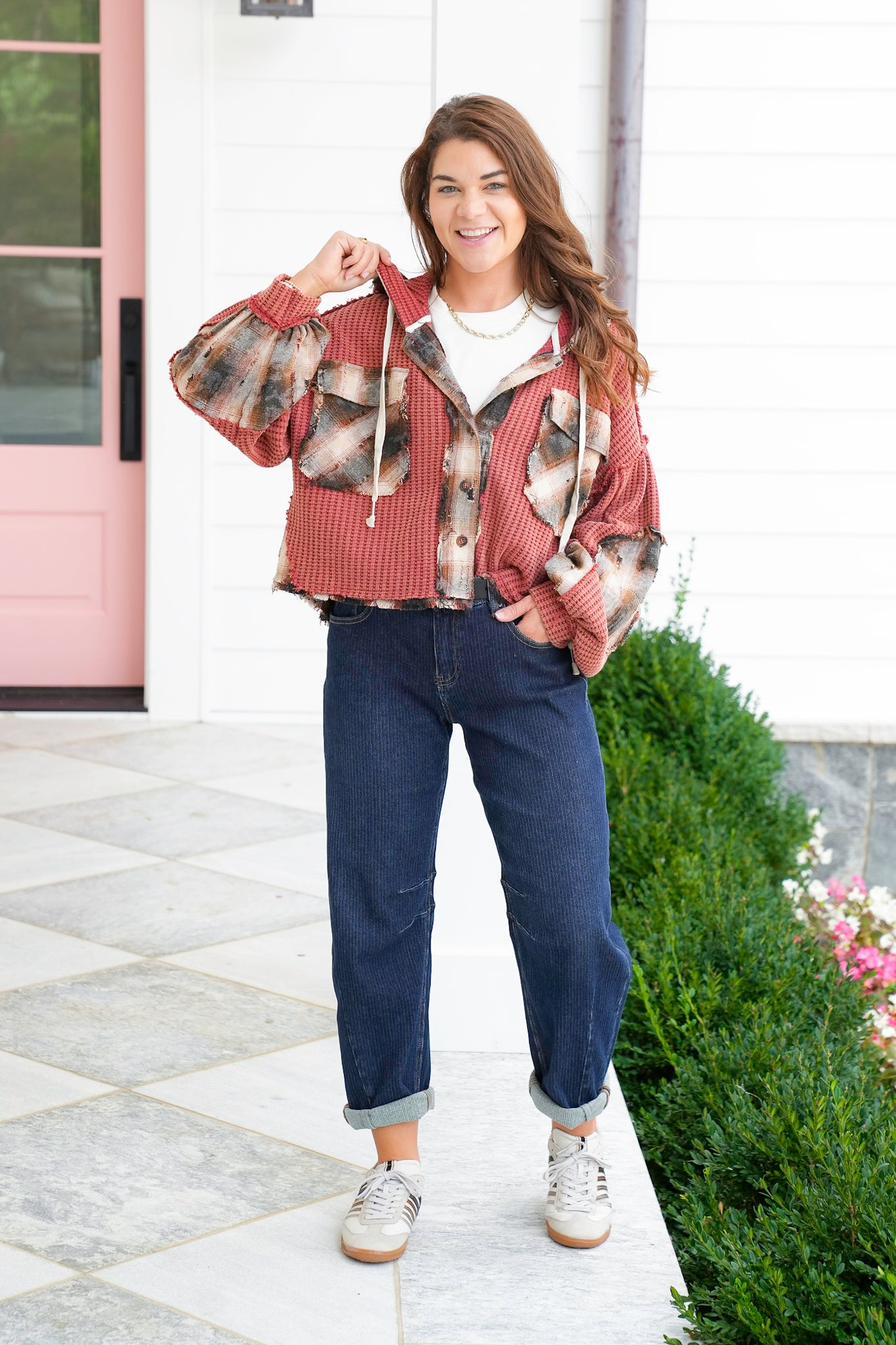 POL Thermal Long Sleeve Button Up Hoodie Top with Plaid