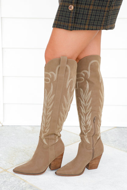 Western Embroidered Knee High Boot with Stacked Block Heel