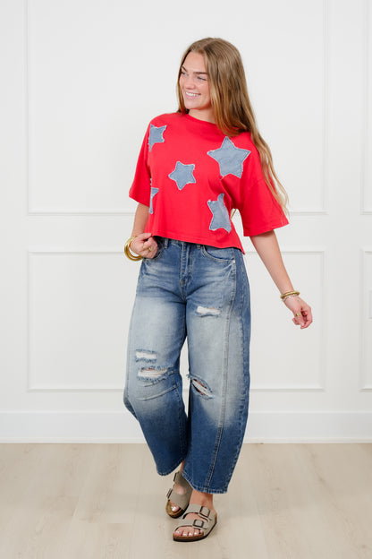Short Sleeve Star Patch Crew Neck Top